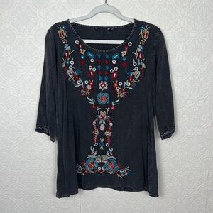 Scully Western Shirt Womens 3/4 Sleeve Scoop Neck Gray Embroidered Top Cowgirl